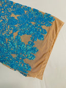 Damask Heart Design - Iridescent Turquoise on Nude - Damask with Heart Design Sequins on Mesh By Yard