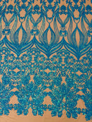 Damask Heart Design - Iridescent Turquoise on Nude - Damask with Heart Design Sequins on Mesh By Yard