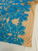 Damask Heart Design - Iridescent Turquoise on Nude - Damask with Heart Design Sequins on Mesh By Yard