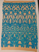 Damask Heart Design - Iridescent Turquoise on Nude - Damask with Heart Design Sequins on Mesh By Yard