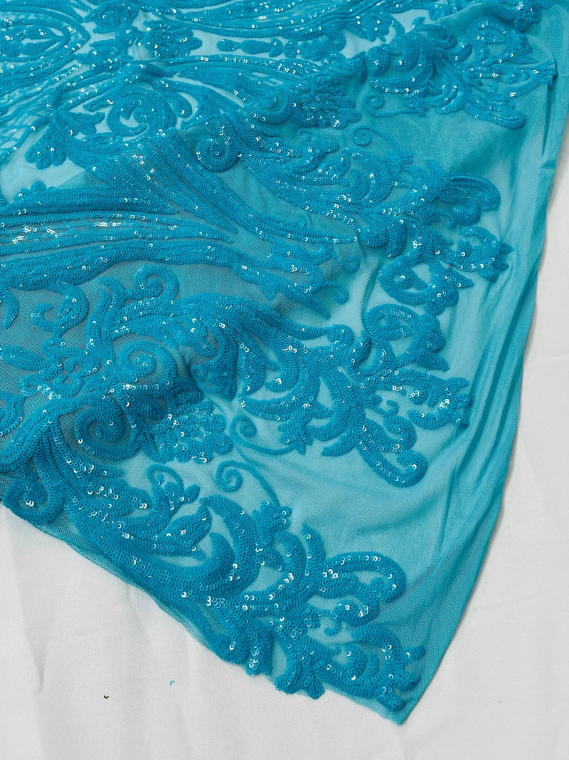 Big Damask Sequins Fabric - Turquoise - 4 Way Stretch Damask Sequins Design Fabric By Yard