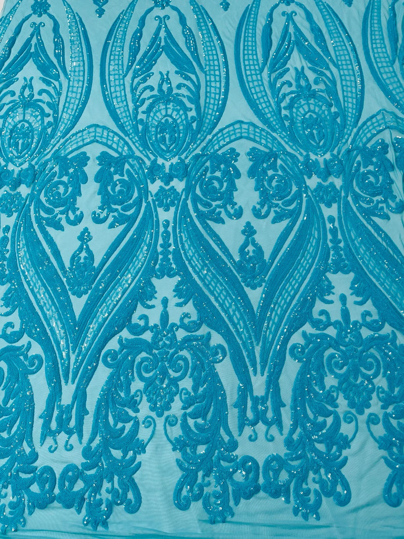 Big Damask Sequins Fabric - Turquoise - 4 Way Stretch Damask Sequins Design Fabric By Yard