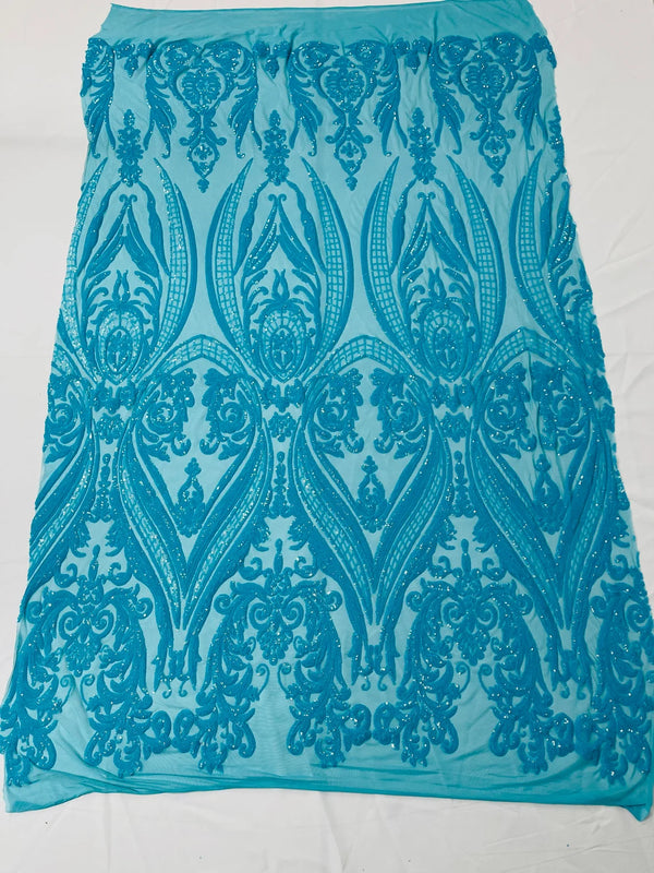 Big Damask Sequins Fabric - Turquoise - 4 Way Stretch Damask Sequins Design Fabric By Yard