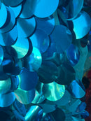 Jumbo 1.5" Circle Sequins - Turquoise - Jumbo Sequins On Mesh Fabric Sold By The Yard
