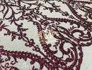 Two Tone Sequins - Burgundy / Nude - 4 Way Stretch Fancy Design Mesh Fabric Sold By The Yard