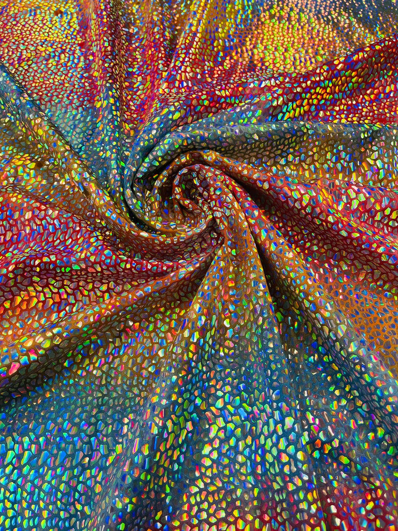 Dragon Scales Foil Fabric - Tie Dye Rainbow - Iridescent Dragon Design on Spandex Fabric