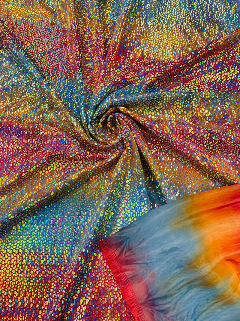 Dragon Scales Foil Fabric - Tie Dye Rainbow - Iridescent Dragon Design on Spandex Fabric