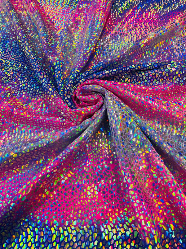 Dragon Scales Foil Fabric - Tie Dye Fuchsia / Purple - Iridescent Dragon Design on Spandex Fabric