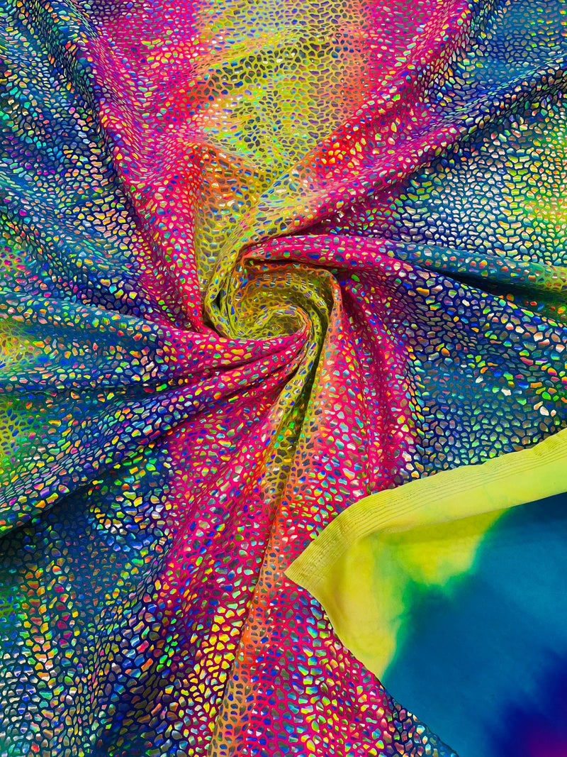 Dragon Scales Foil Fabric - Tie Dye Fuchsia / Yellow / Blue - Iridescent Dragon Design on Spandex Fabric