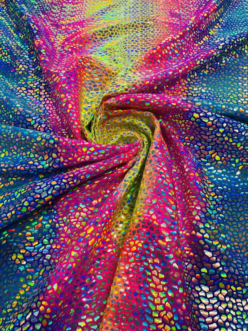Dragon Scales Foil Fabric - Tie Dye Fuchsia / Yellow / Blue - Iridescent Dragon Design on Spandex Fabric