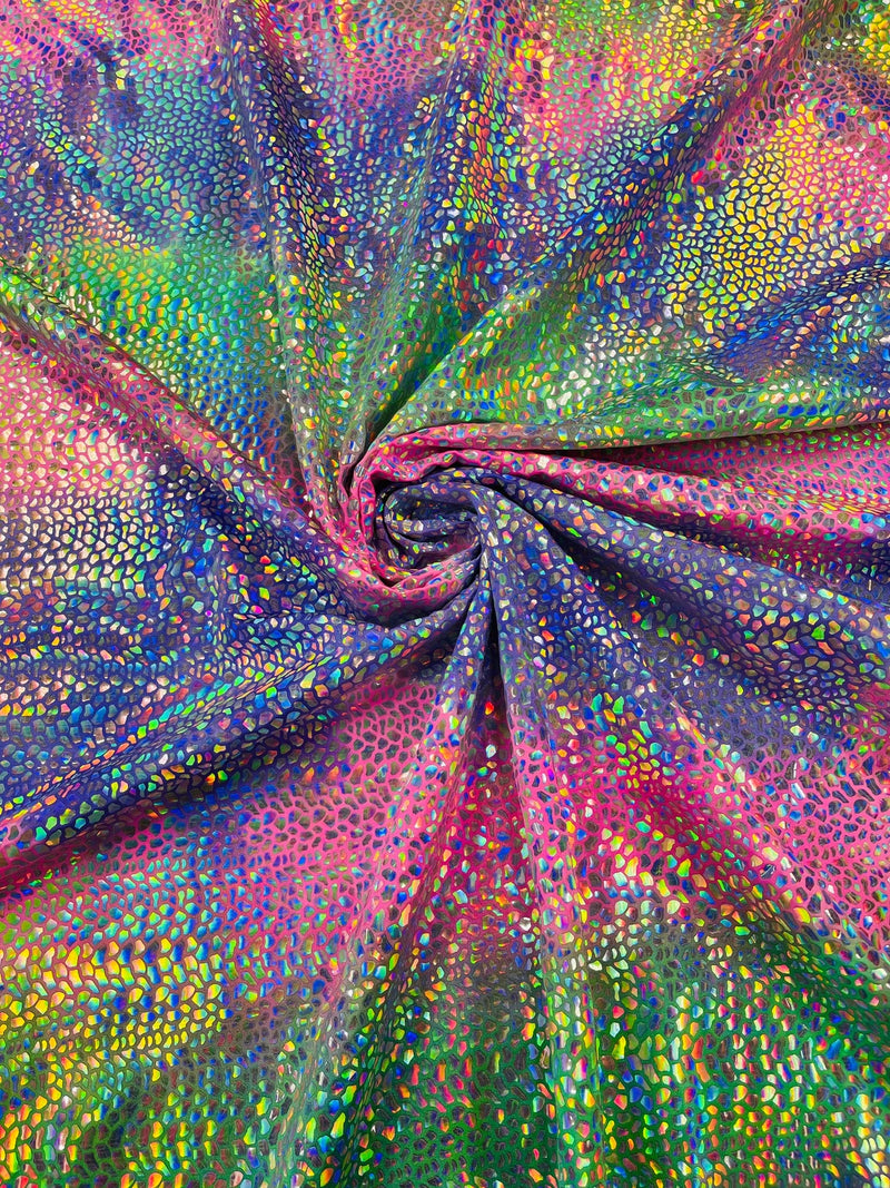 Dragon Scales Foil Fabric - Tie Dye Purple / Pink / Green - Iridescent Dragon Design on Spandex Fabric