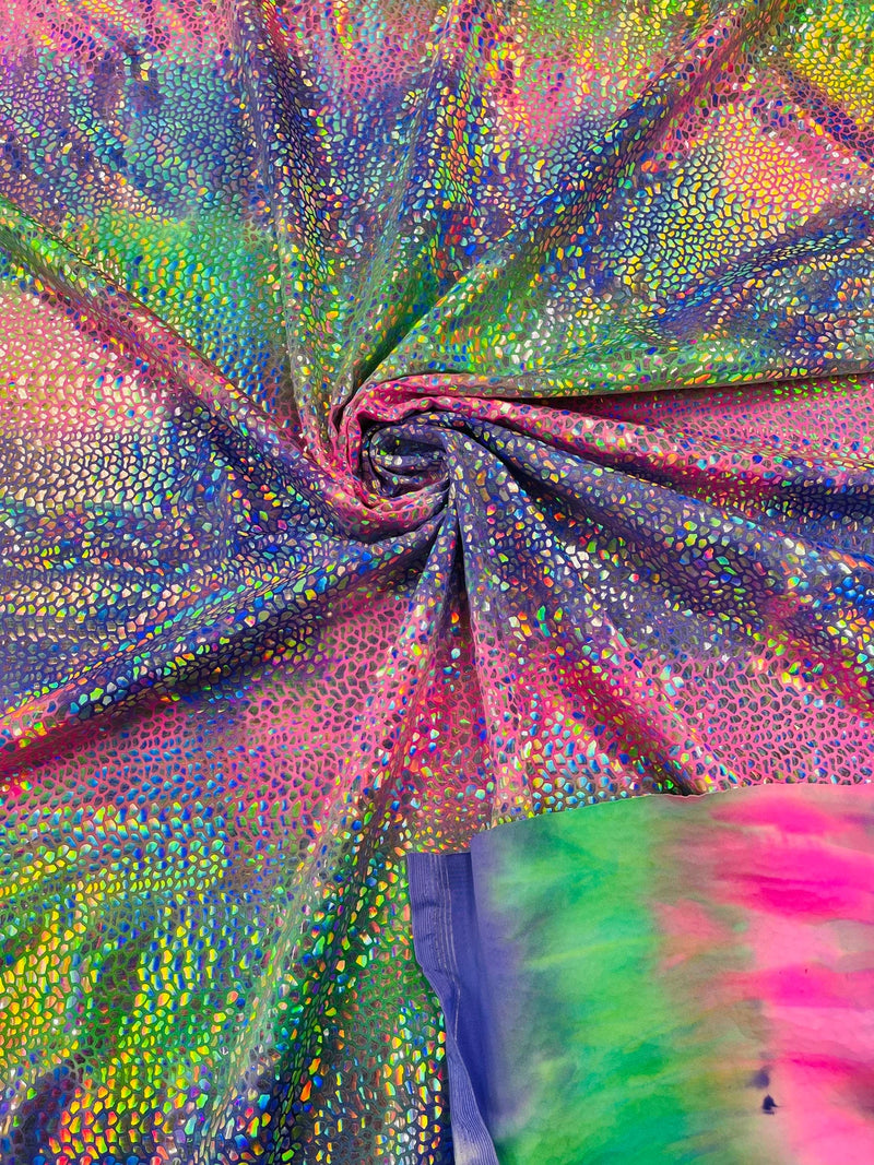 Dragon Scales Foil Fabric - Tie Dye Purple / Pink / Green - Iridescent Dragon Design on Spandex Fabric