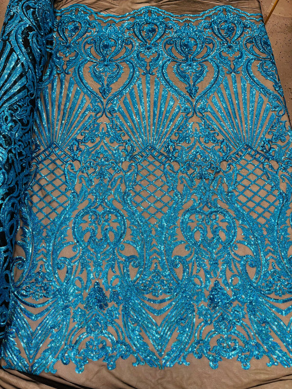 Damask Geometric Sequins - Turquoise on Black - 4 Way Stretch Sequins Damask Pattern Design Sold By Yard