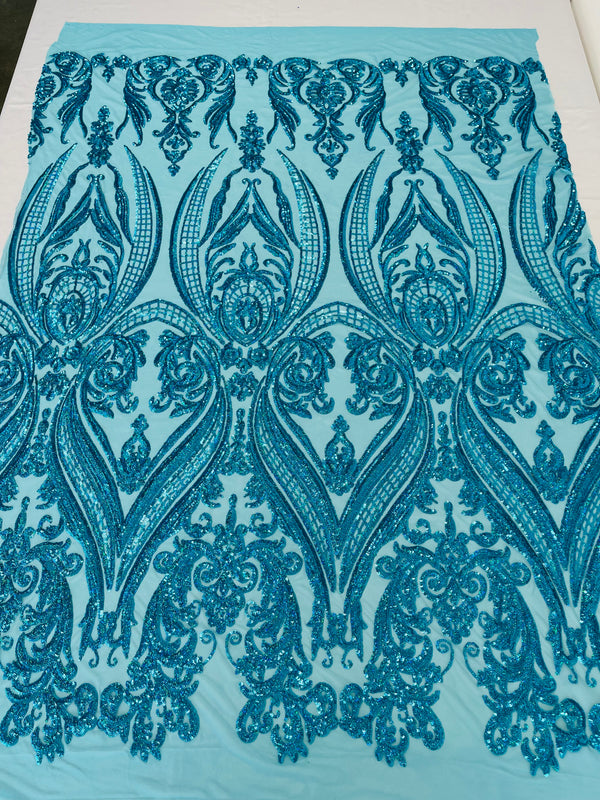 Big Damask Sequins Fabric - Turquoise - 4 Way Stretch Damask Sequins Design Fabric By Yard