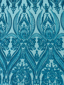 Big Damask Sequins Fabric - Turquoise - 4 Way Stretch Damask Sequins Design Fabric By Yard