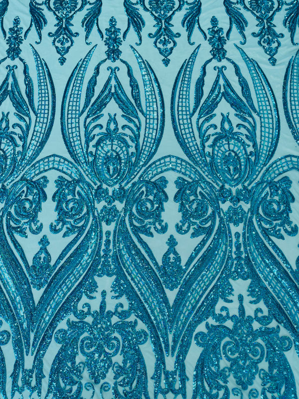 Big Damask Sequins Fabric - Turquoise - 4 Way Stretch Damask Sequins Design Fabric By Yard