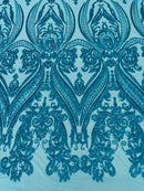 Big Damask Sequins Fabric - Turquoise - 4 Way Stretch Damask Sequins Design Fabric By Yard