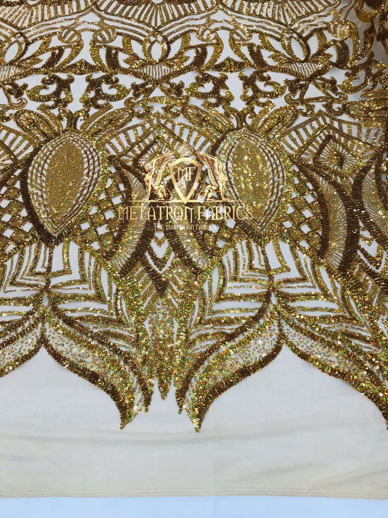 Hologram Gold - 4 Way Stretch Embroidered Royalty Sequins Design Fabric By Yard