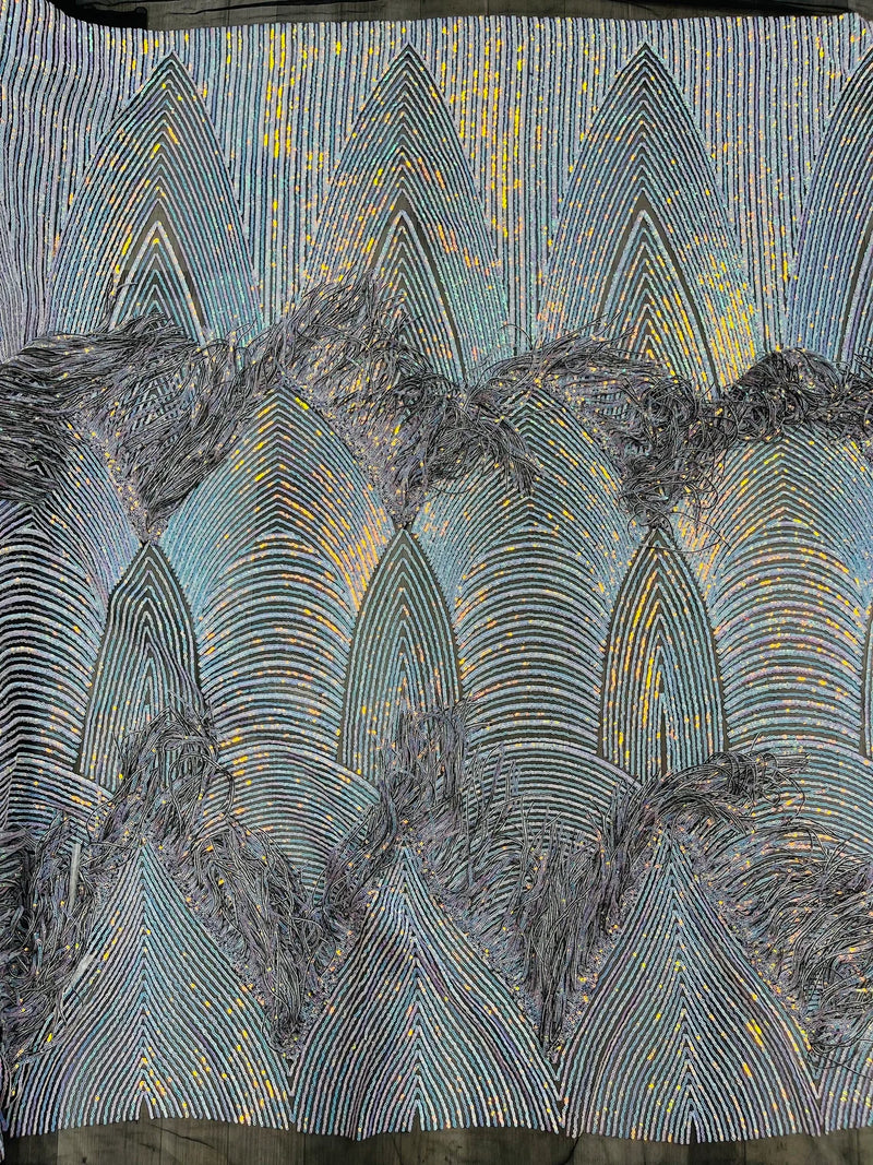 Fringe Sequins Fabric - Unicorn - 2 Way Stretch Glamorous Fringe Design on Mesh By Yard