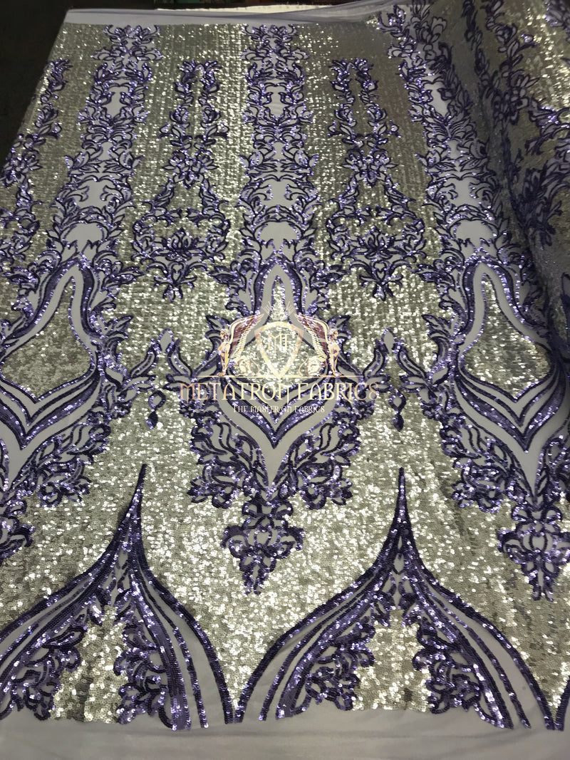 4 Way Stretch - Lilac and Gold - Two Tone Flower Design Sequins On Stretch Mesh By The Yard