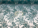 Beaded - Teal - Fancy Flower Design Sequins Fabric with Beads Sold By The Yard