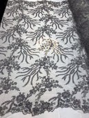 Beaded - Silver - Fancy Flower Design Sequins Fabric with Beads Sold By The Yard