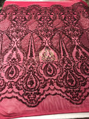 Sequins - Burgundy - 4 Way Stretch Fancy Fabric Embroidered On Mesh Sold By The Yard