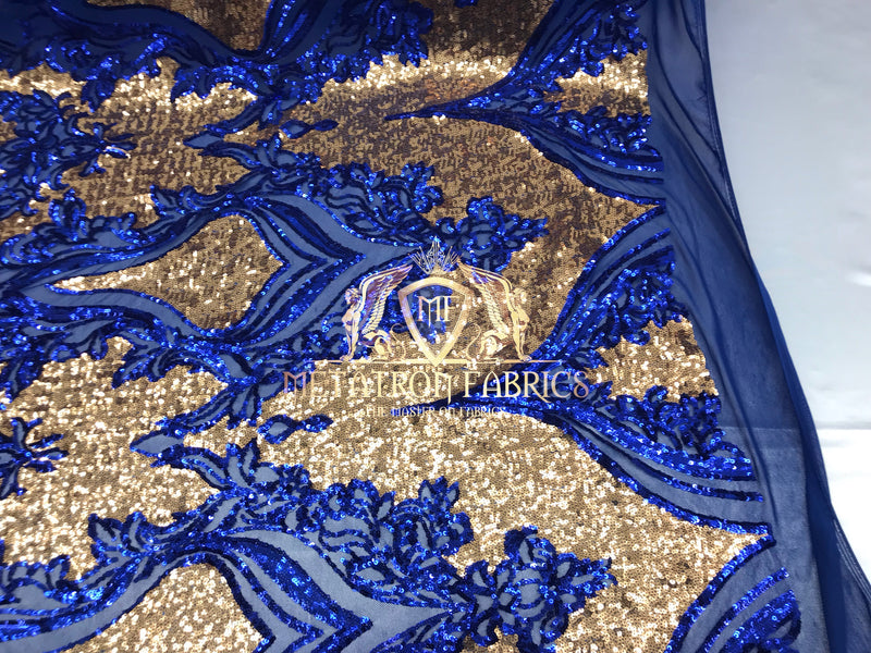 4 Way Stretch - Royal Blue and Gold - Two Tone Flower Design Sequins On Stretch Mesh By The Yard