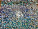 Iridescent Sequins - Lilac / Aqua - 4 Way Stretch Damask Design Fabric On Stretch Mesh By The Yard