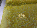 Iridescent Sequins - Yellow - 4 Way Stretch Damask Design Fabric On Stretch Mesh By The Yard