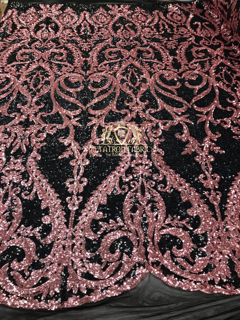 Two Tone Sequins - Pink / Black - 4 Way Stretch Fancy Design Mesh Fabric Sold By The Yard