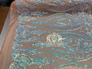 Big Damask Sequins Fabric - Iridescent Aqua - 4 Way Stretch Damask Sequins Design Fabric By Yard