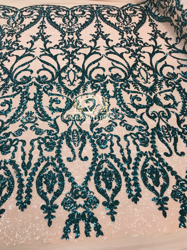 Two Tone Sequins - Teal / Nude - 4 Way Stretch Fancy Design Mesh Fabric Sold By The Yard