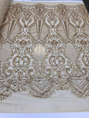 Sequins - Gold - 4 Way Stretch Fancy Fabric Embroidered On Mesh Sold By The Yard