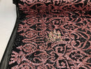Two Tone Sequins - Pink / Black - 4 Way Stretch Fancy Design Mesh Fabric Sold By The Yard