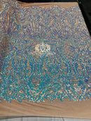 Iridescent Sequins - Lilac / Aqua - 4 Way Stretch Damask Design Fabric On Stretch Mesh By The Yard