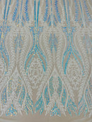 Mermaid Design Sequins Fabric - White/Blue - Sequins Fabric 4 Way Stretch on Mesh By Yard