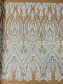 Big Damask Sequins Fabric - White on Dark Nude- 4 Way Stretch Damask Sequins Design Fabric By Yard