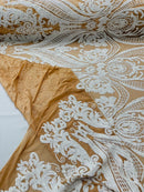 Big Damask Sequins Fabric - White on Dark Nude- 4 Way Stretch Damask Sequins Design Fabric By Yard