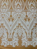 Big Damask Sequins Fabric - White on Dark Nude- 4 Way Stretch Damask Sequins Design Fabric By Yard