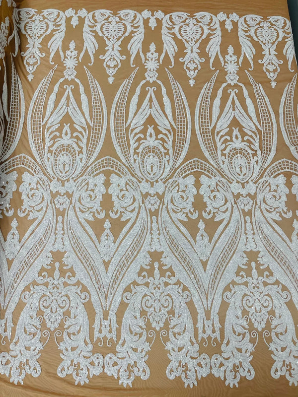 Big Damask Sequins Fabric - White on Dark Nude- 4 Way Stretch Damask Sequins Design Fabric By Yard