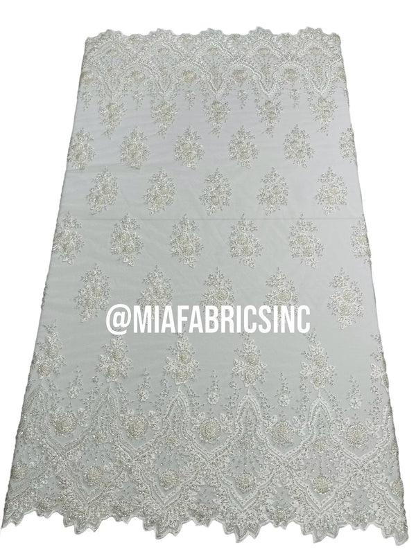 Round Flower Beaded Fabric - White - Embroidered Fashion Design Beads and Sequins On Mesh by The Yard