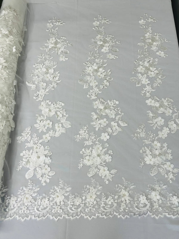 Floral 3D Rose Fabric - White - Embroided Rose Flower Design Fabric Sold by Yard
