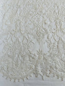 Beaded Fabric by yard - White - Damask Pattern With Beads and Sequin, Appliqué Lace for Bridal and Prom Dress