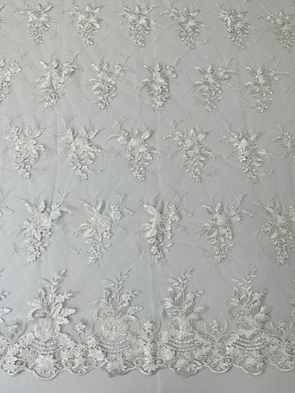 Floral Plant Lace Fabric - White - Flower Plant Design Lace Sequins Fabric Sold By Yard