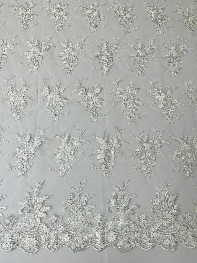 Floral Plant Lace Fabric - White - Flower Plant Design Lace Sequins Fabric Sold By Yard