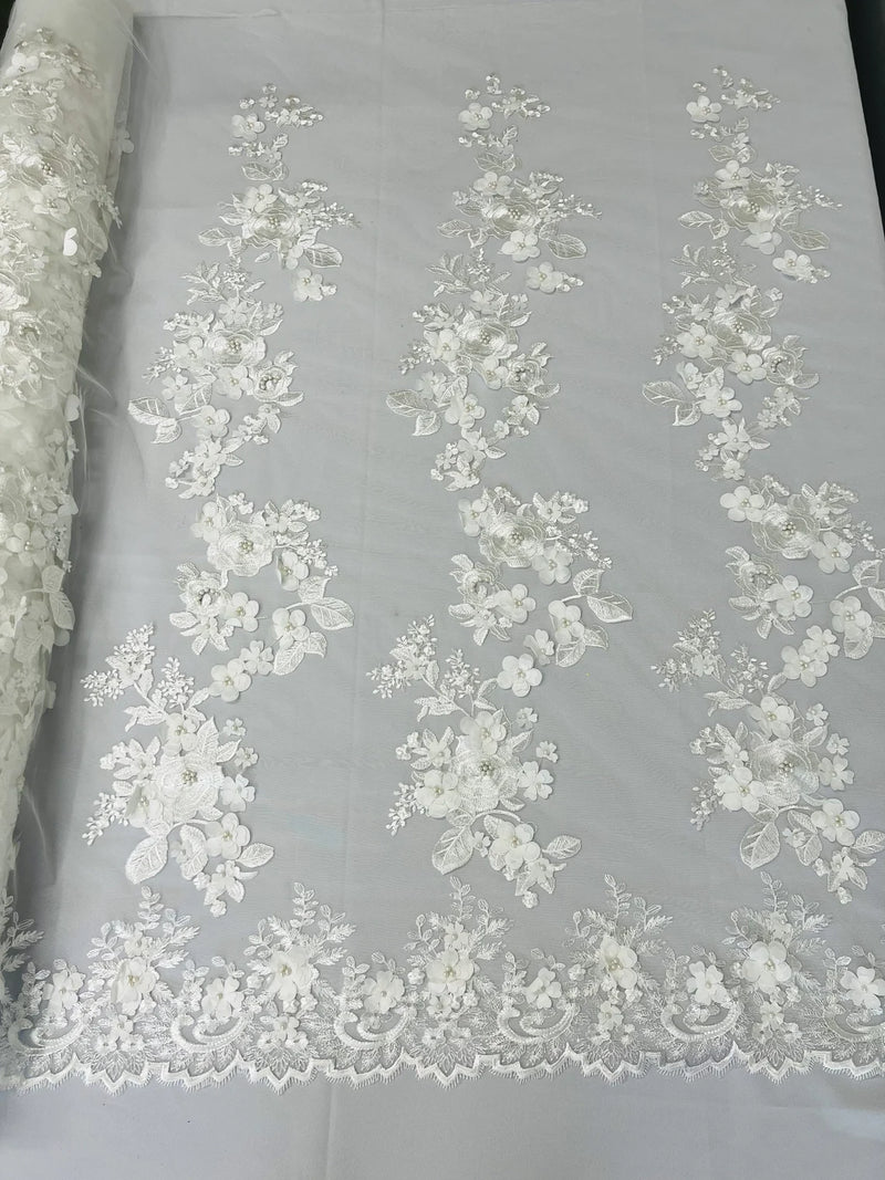 Floral 3D Rose Fabric - White - Embroided Rose Flower Design Fabric Sold by Yard