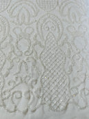 Beaded Fashion Design Fabric - White - Beaded Embroidered Damask Style Fabric on Mesh By Yard