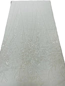 Beaded Floral Line Fabric - White - Beaded Embroidered Lines and Flowers on Mesh By Yard
