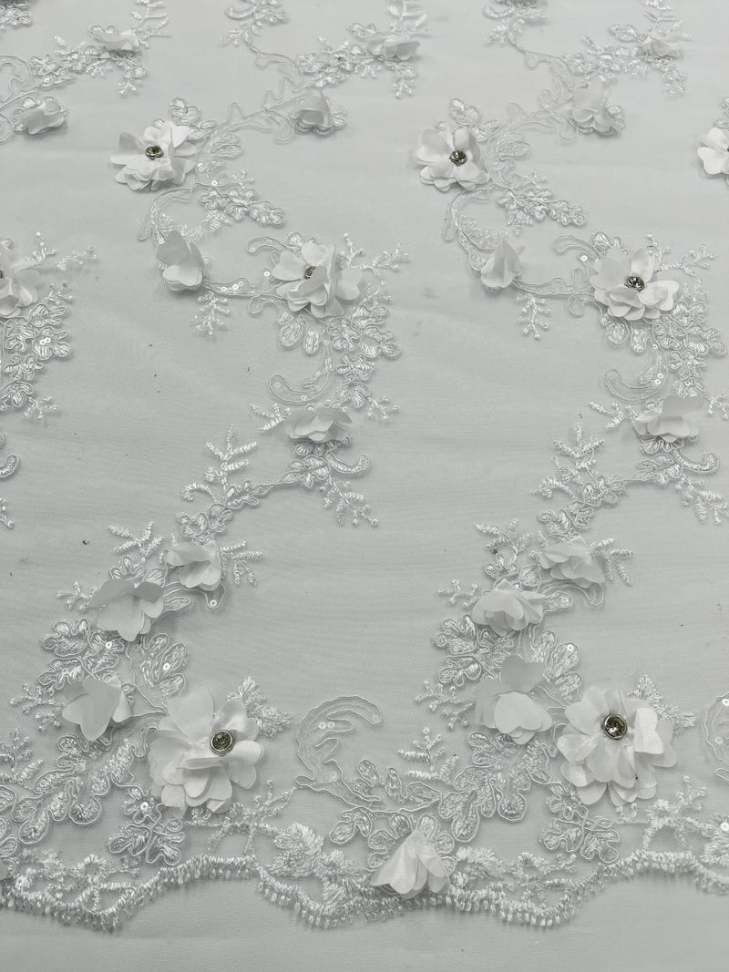 3D Lace Flower Fabric - White - Embroidered Sequins and 3D Floral Patterns on Lace By Yard
